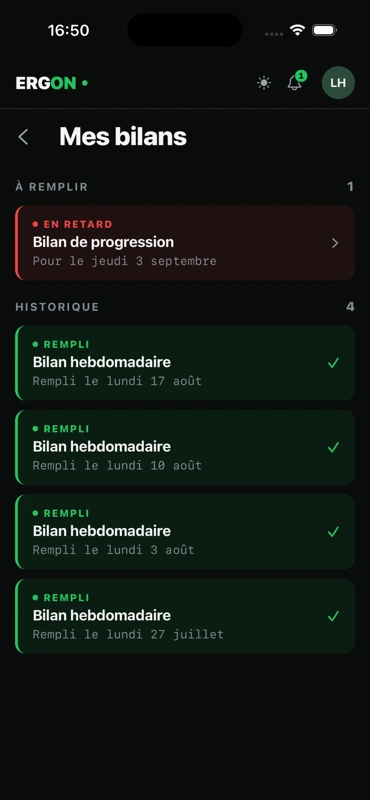L'app ERGON sur iPhone : les bilans à remplir et l'historique