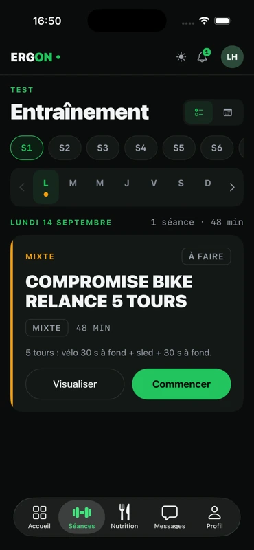 L'app ERGON sur iPhone : l'écran Entraînement et la séance du jour