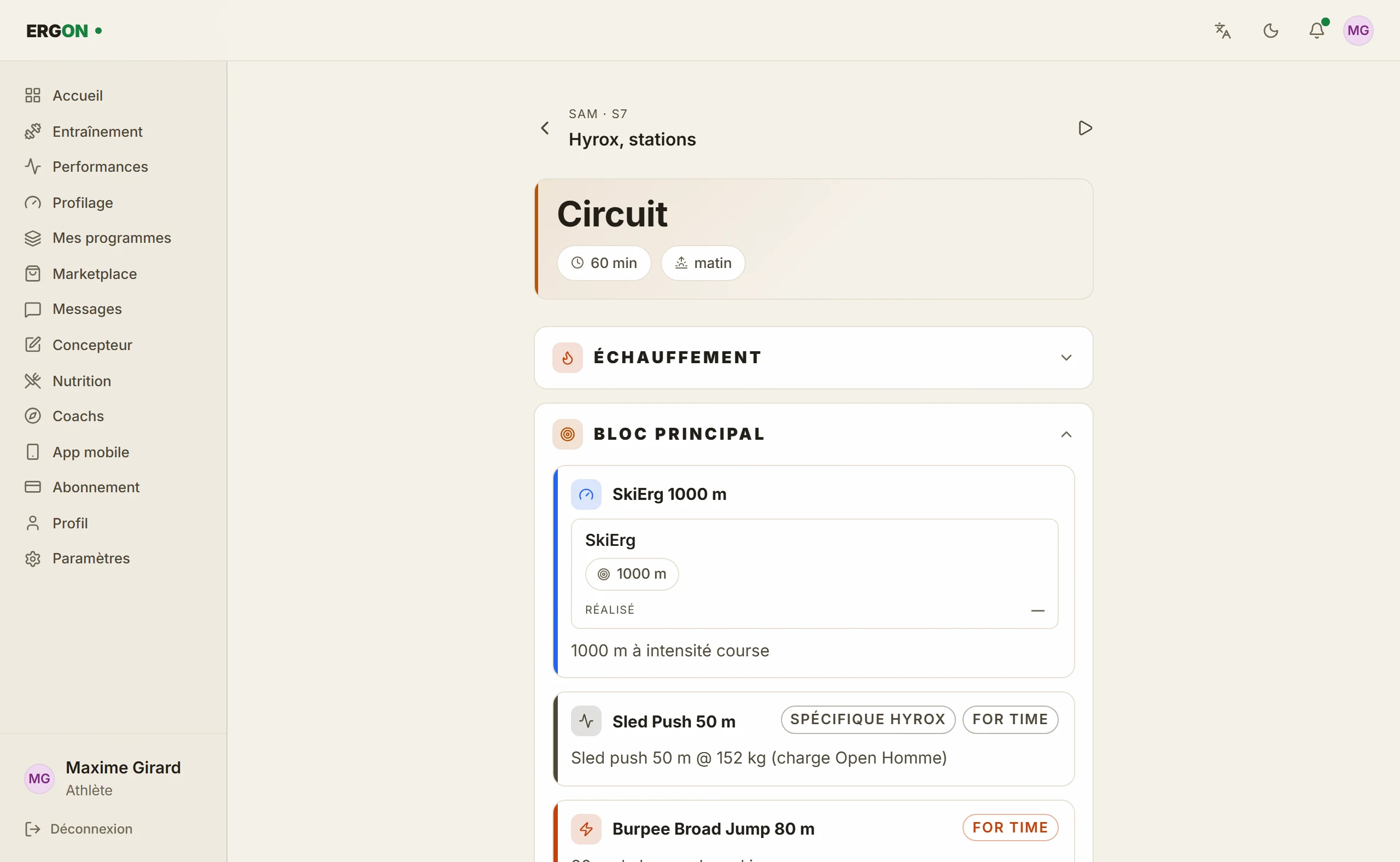 L'app ERGON sur ordinateur : une séance HYROX, SkiErg, sled push et burpees