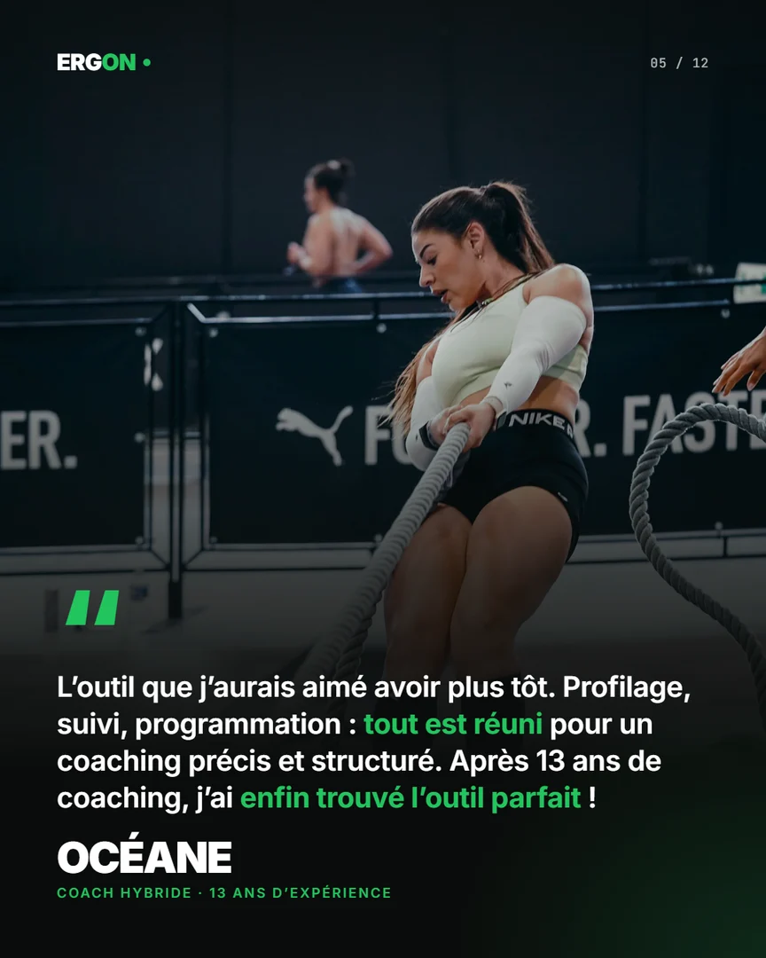Océane, coach hybride, 13 ans d'expérience : « L'outil que j'aurais aimé avoir plus tôt. Profilage, suivi, programmation : tout est réuni pour un coaching précis et structuré. Après 13 ans de coaching, j'ai enfin trouvé l'outil parfait ! »