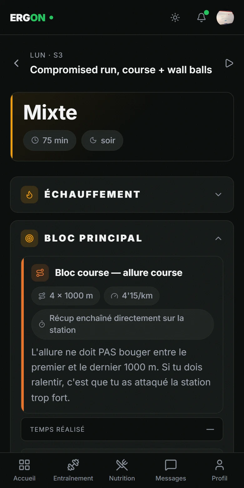 Séance du jour : bloc course à allure cible, consignes du coach et temps réalisé