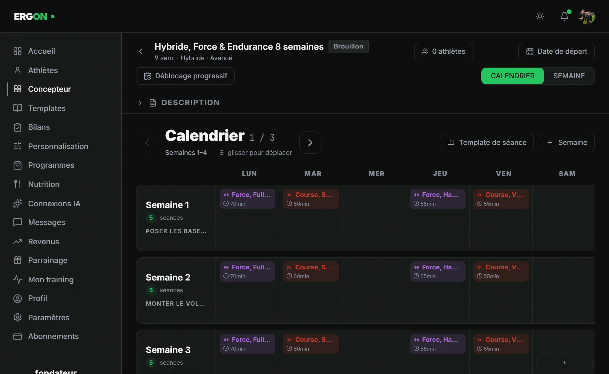 Le Concepteur ERGON : calendrier d'un programme hybride force et endurance
